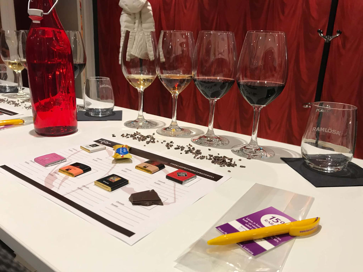 Uppdukad chokladprovning med provningsark, chokladbitar och glas