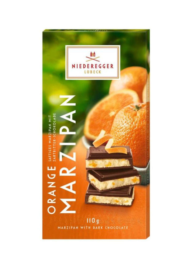 Niederegger Marsipankaka Apelsin 110g pakke med appelsin og mørk chokolade