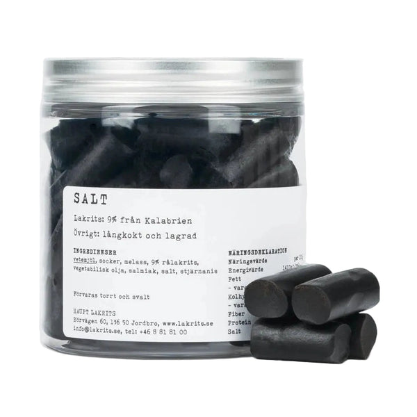 Salt lakrids 150g i plastdåse med sølvlåg, 9% rålakrids fra Kalabrien