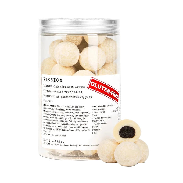 Glutenfri passion saltlakrids i gennemsigtig krukke