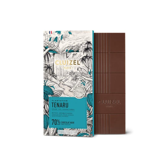 Cluizel Tenaru 70% mørk chokoladeplade med tropisk emballage og udrullet chokolade