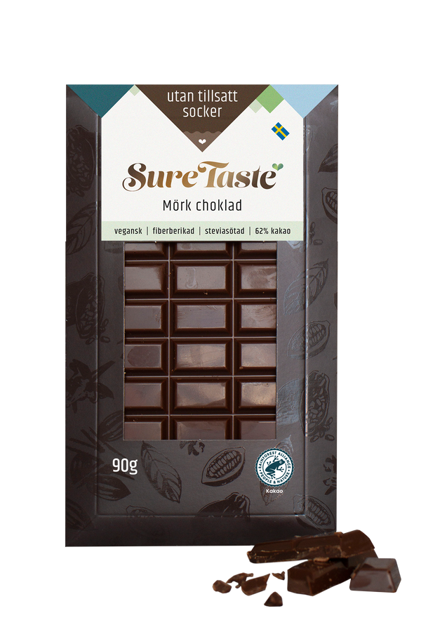 Sure Taste sukkerfri mørk chokolade 62% 90g med kakaoobønne-mønster og vindueslomme