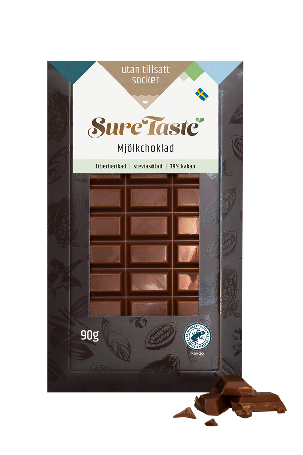 Sure Taste sukkerfri mælkechokolade med 39% kakao og fibre, 90g