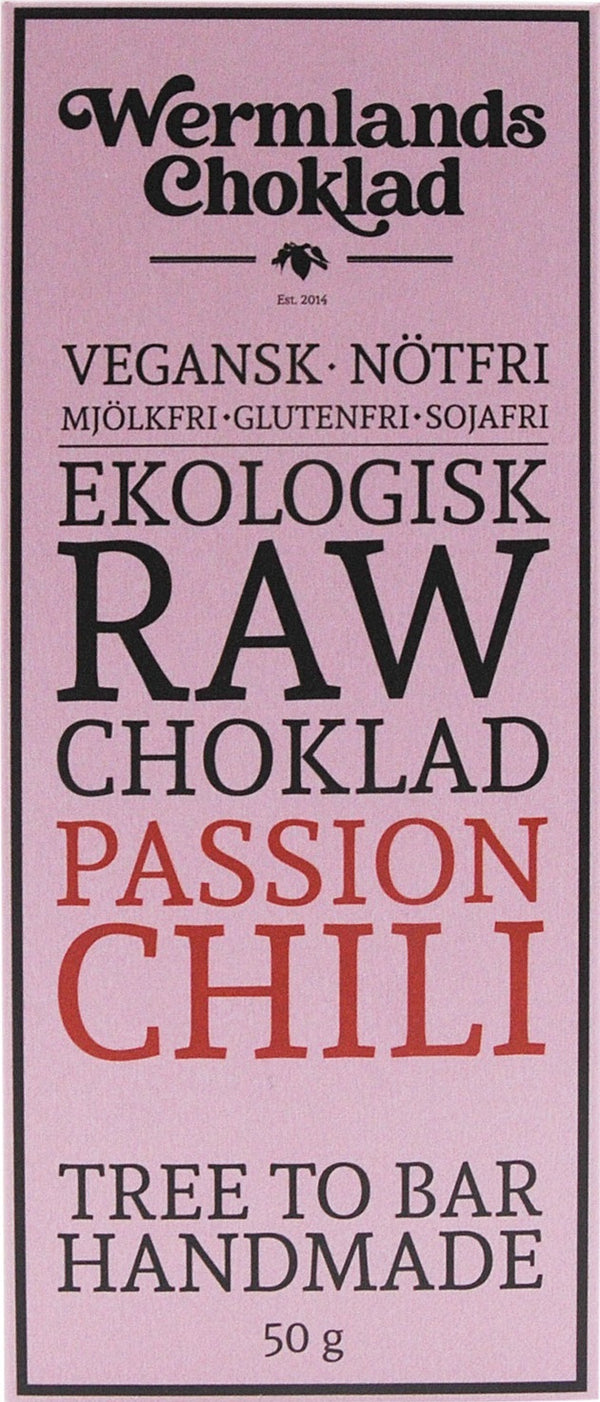 WermlandsChoklad Passion Chili 73% rå chokolade med mærkning for vegan, nødefri, glutenfri og sojafri