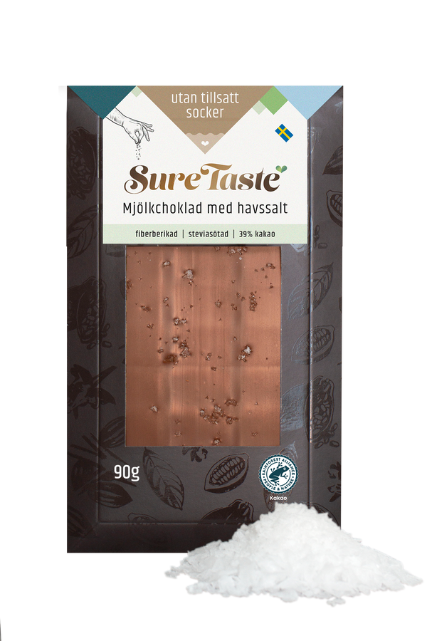 Sure Taste sukkerfri mælkechokolade med havsalt, 90g pakning