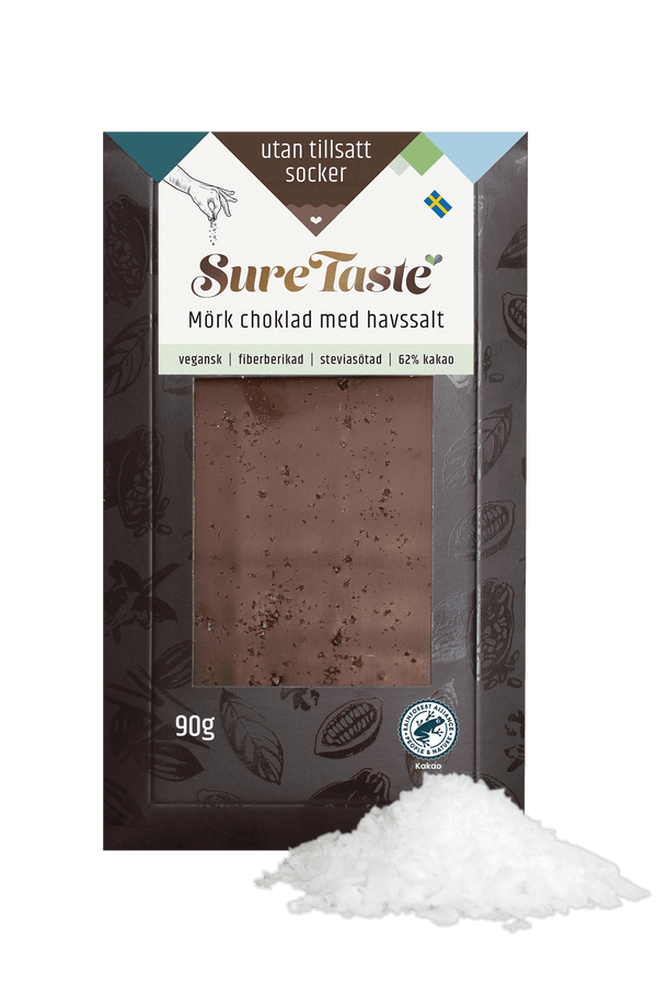 Sure Taste sukkerfri mørk chokolade med havsalt 62% kakao i FSC-mærket emballage