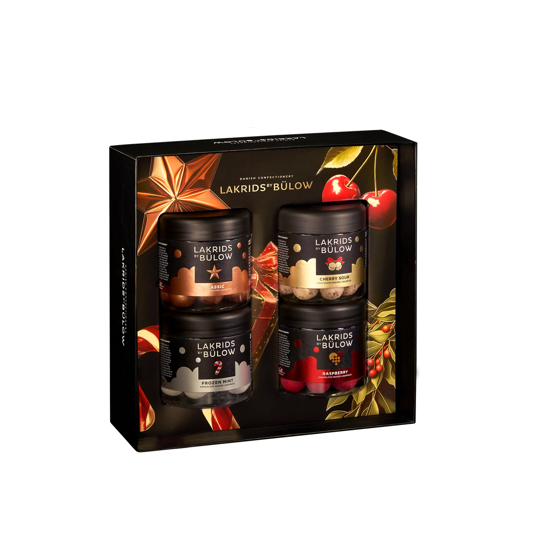 Lakrids By Bülow Regular Black gavebox med fire glasburke - Klass, Cherry Sour, Frozen Mint og Raspberry