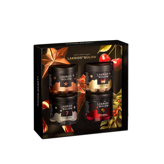 Lakrids By Bülow Regular Black gavebox med fire glasburke - Klass, Cherry Sour, Frozen Mint og Raspberry