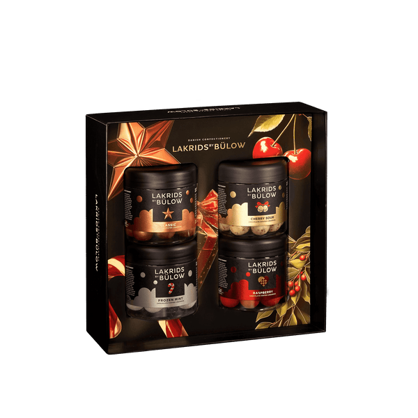 Lakrids By Bülow Regular Black gavebox med fire glasburke - Klass, Cherry Sour, Frozen Mint og Raspberry