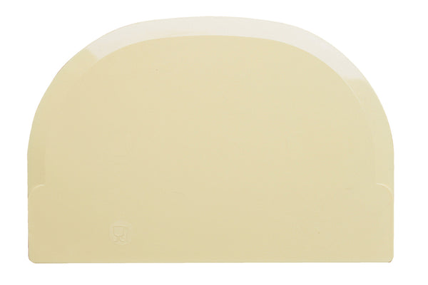 Beige plastspatel til chokolade med ergonomisk håndtag og glas-og-gaffel-symbol