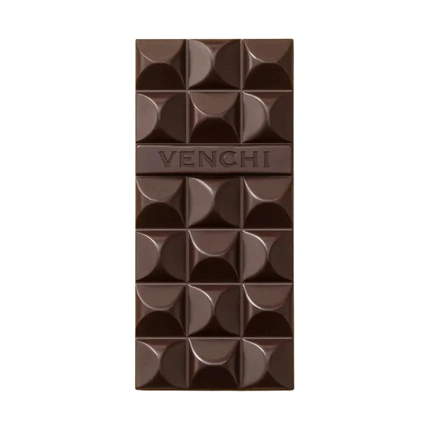Venchi 85% ekstra mørk chokolade med geometriskt halvcirkelmønster og hvid baggrund