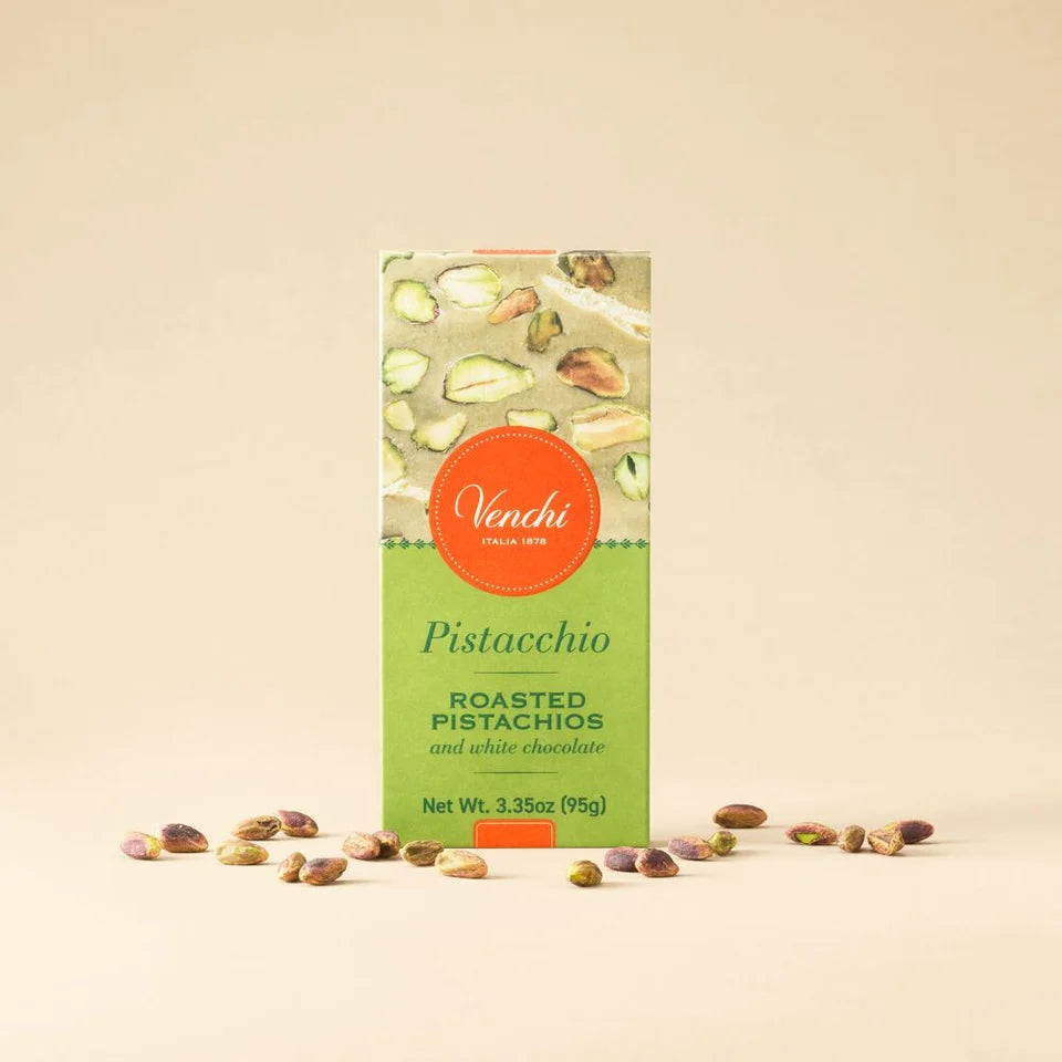 Venchi Crunchy Pistachio chokoladebar 95g emballage med pistagenødder