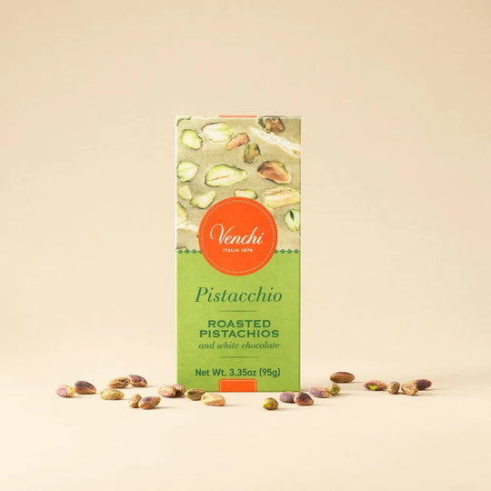 Venchi Crunchy Pistachio chokoladebar 95g emballage med pistagenødder