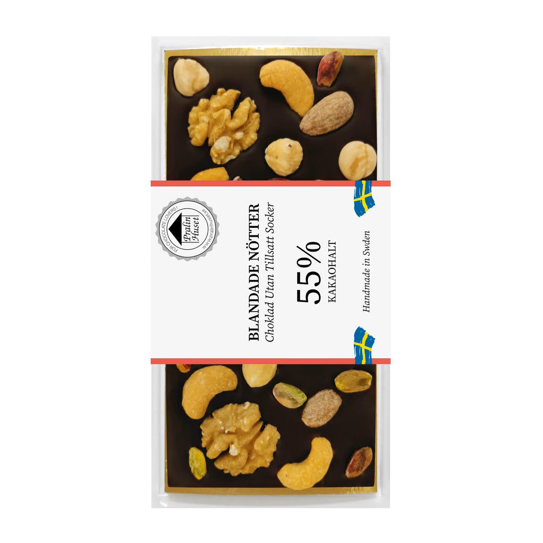 Sukkerfri mørk chokolade med blandede nødder, 55% kakao, emballage