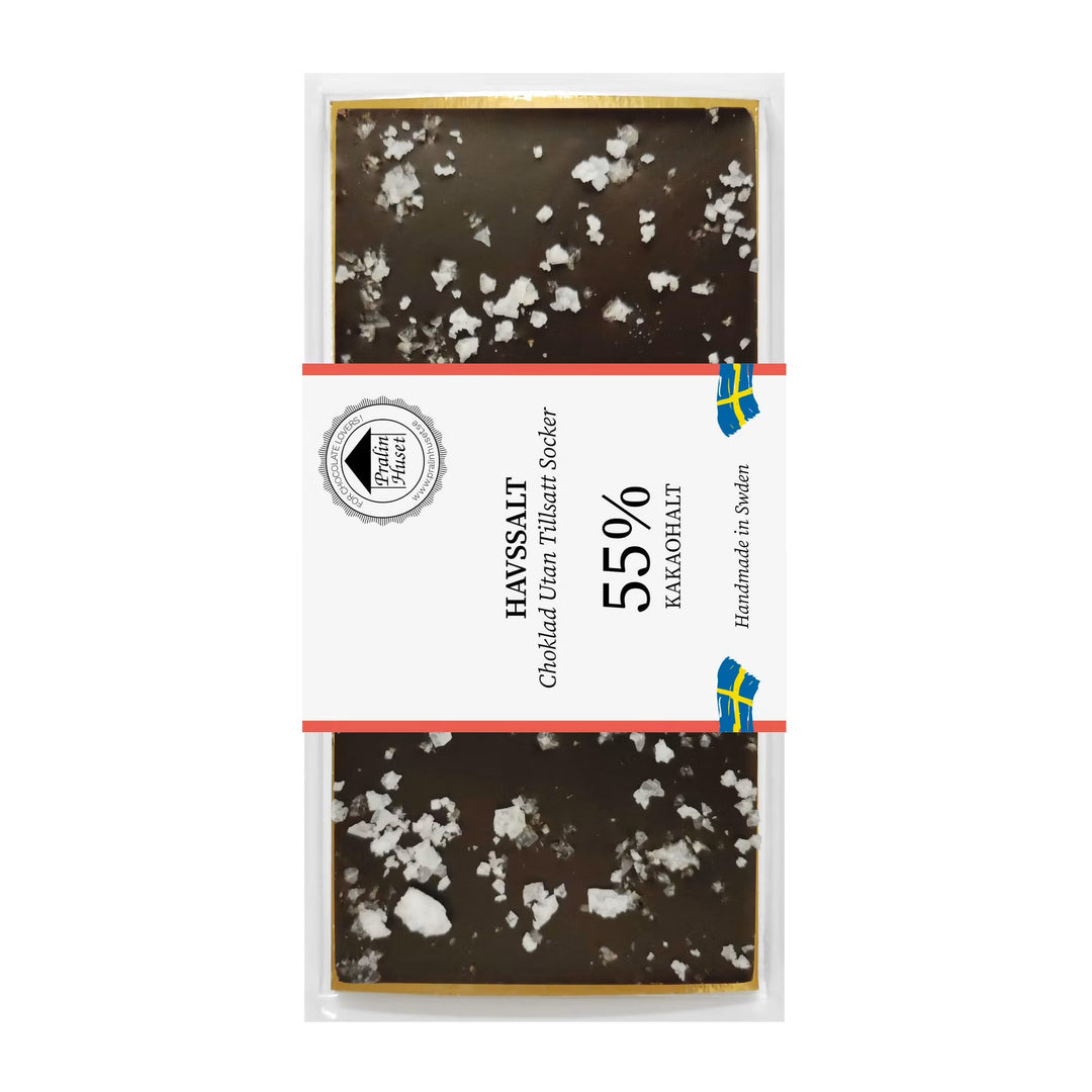 Sukkerfri havsaltchokolade 55% kakao i emballage med Pralinhuset-mærkning