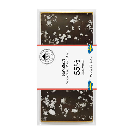 Sukkerfri havsaltchokolade 55% kakao i emballage med Pralinhuset-mærkning