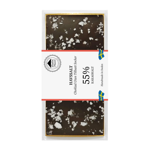 Sukkerfri havsaltchokolade 55% kakao i emballage med Pralinhuset-mærkning
