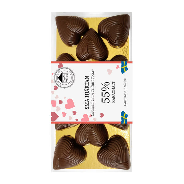 Pralinhuset sukkerfri mørk chokoladehjerte 55% kakao 100g med guldfolie