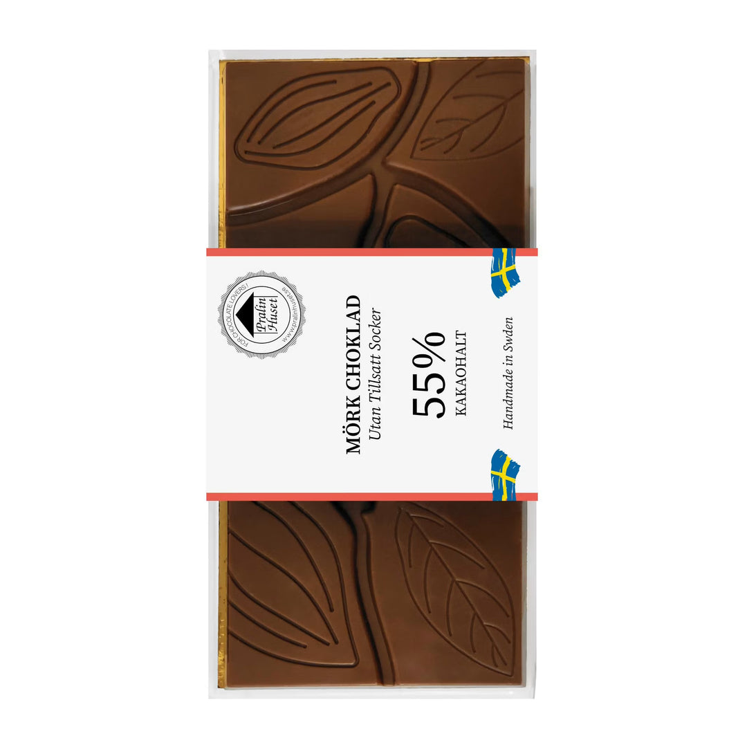 Sukkerfri mørk chokolade 55% kakao fra Pralinhuset i emballage