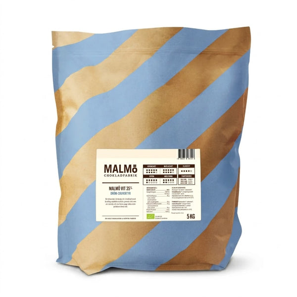 Malmö Chokladfabrik hvid chokolade 5 kg pose med blå og brune striber