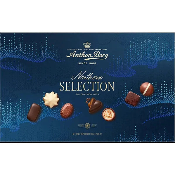 Anthon Berg Northern Selection chokoladeæske med nordlys-motiv og blandede praliner