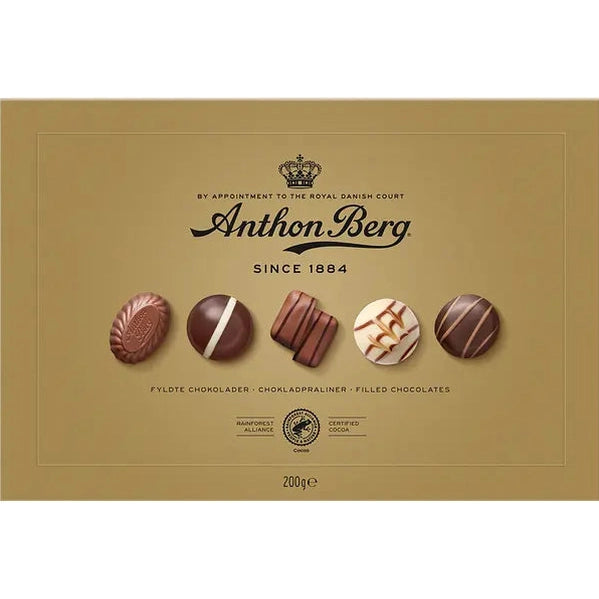 Anthon Berg Guld Ask chokoladeæske foran med kongekrone-logo
