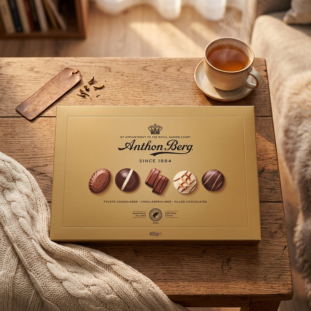 Guld Anthon Berg chokoladeæske med te og hyggelig sweater