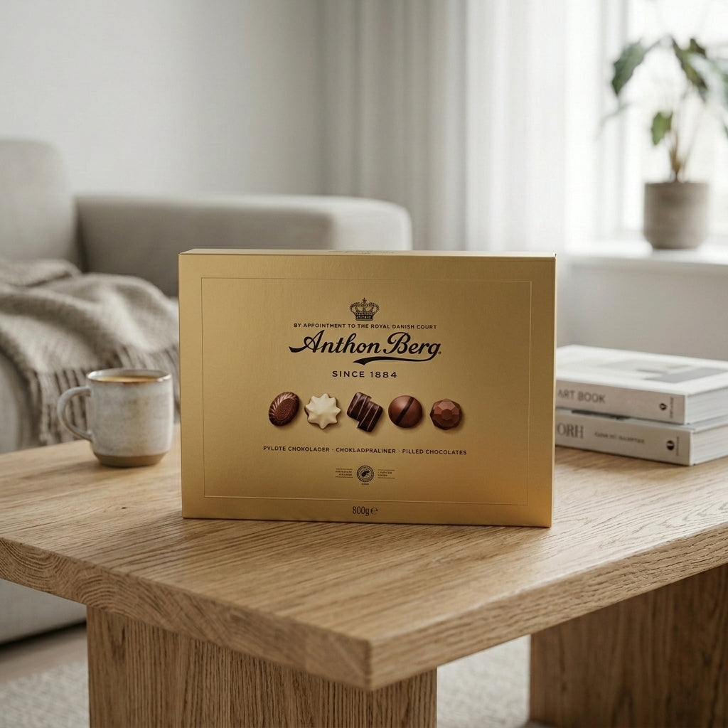 Anthon Berg guldchokoladeæske med assorted praliner på træbord