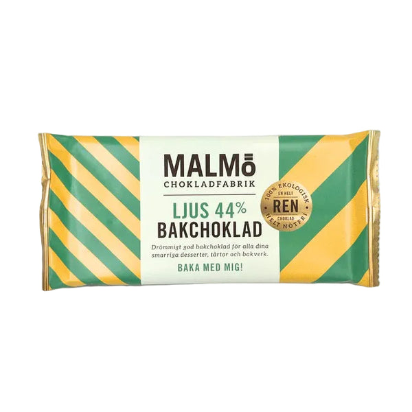 Malmö Chokladfabrik lys bagchokolade 44% økologisk emballage