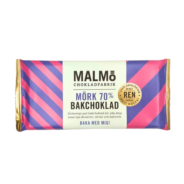 Malmö Chokladfabrik mørk bagchokolade 70% 96g i rosa og blå emballage