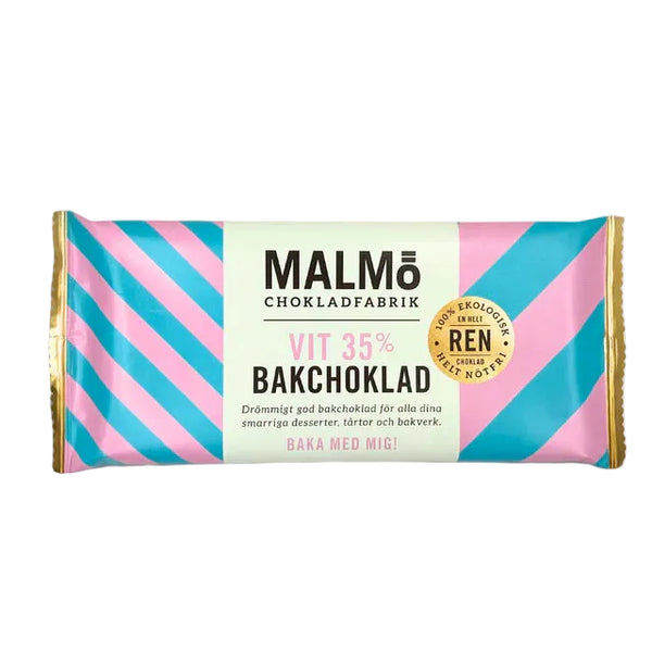 Malmö Chokladfabrik hvid bagningsschokolade 96g i turkis og rosa emballage
