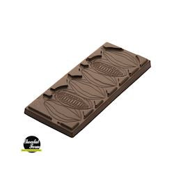 Mørk chokoladeplade med kakaobønne-motiv i rektangulær form