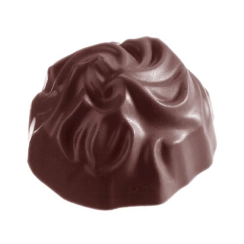 Glansig mörkbrun trufflepralin med svängd yta, perfekt resultat från Chocolate World pralinform