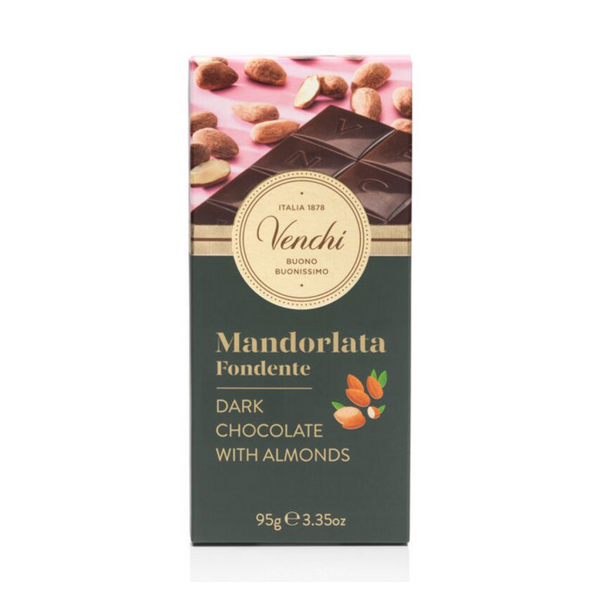 Venchi mørk chokoladebar med mandler 95g pakke