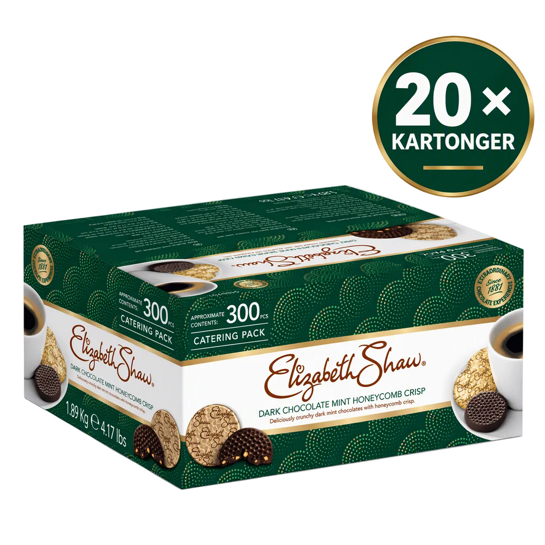 Elizabeth Shaw Mint Crisp Mørk Chokolade cateringboks, 20 bokse med 300 mørke chokolademint-honningkage-knæk