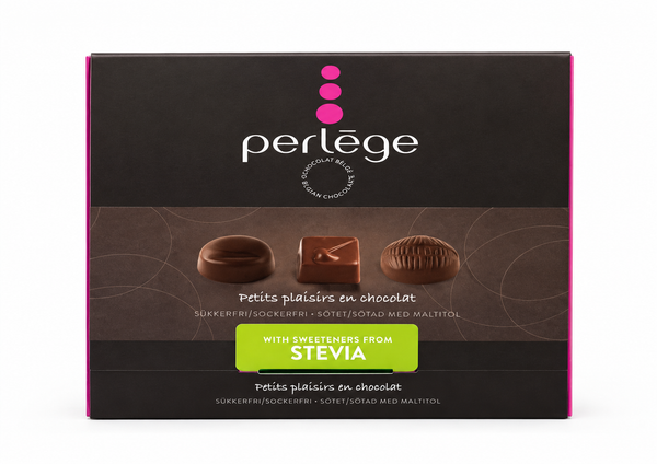 Perlege sukkerfri chokoladeæske med praliner, sødet med maltitol og stevia