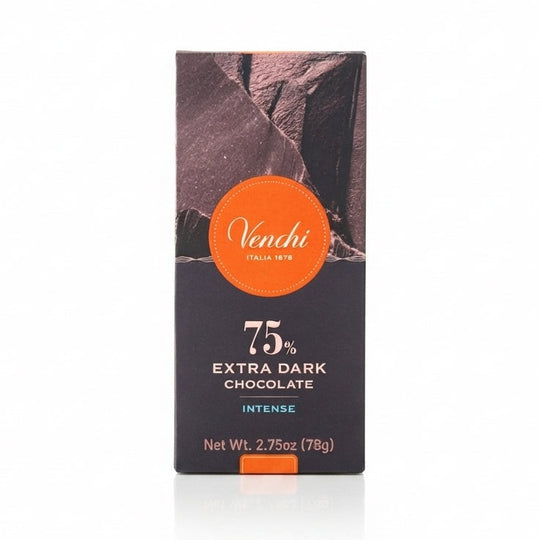 Sort emballage med orange Venchi-logo for 75% chokolade