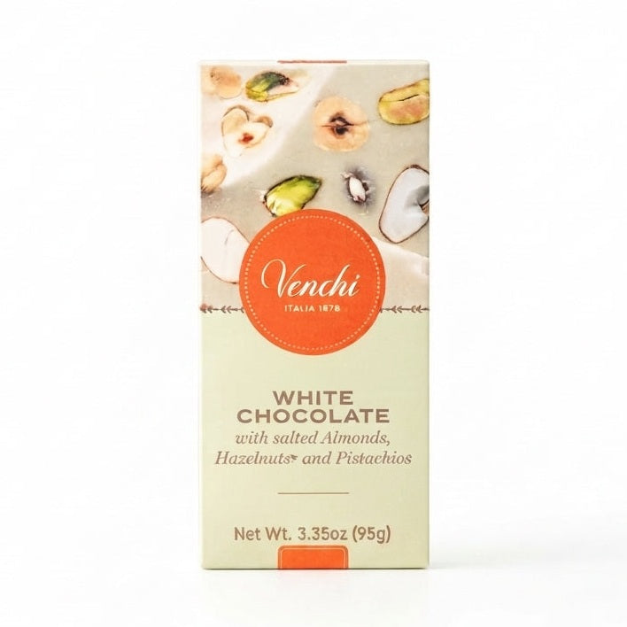Venchi hvid chokolade med orange logo og billede af smeltet chokolade