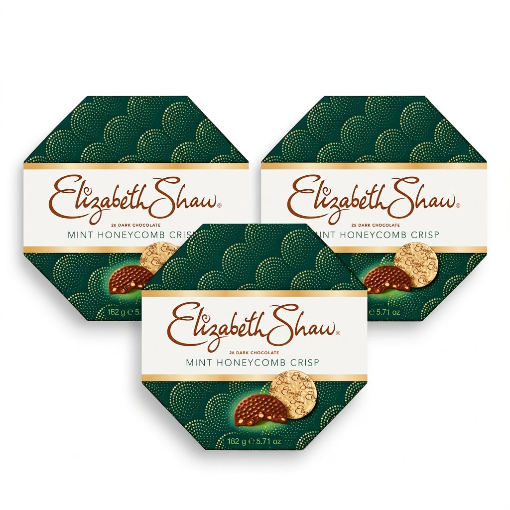 Tre Elizabeth Shaw mørk chokolade-mint asker i trekantformation