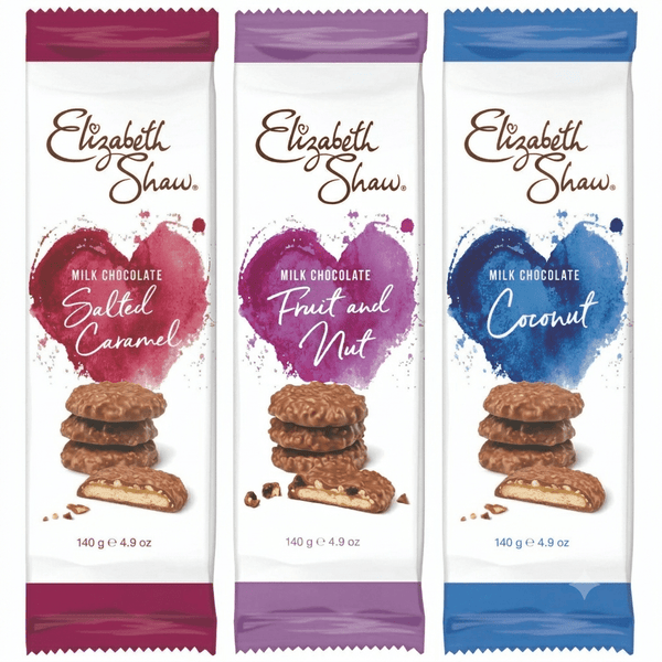 Elizabeth Shaw mælkechokoladekiks smagskombination Salted Caramel, Fruit & Nut og Coconut