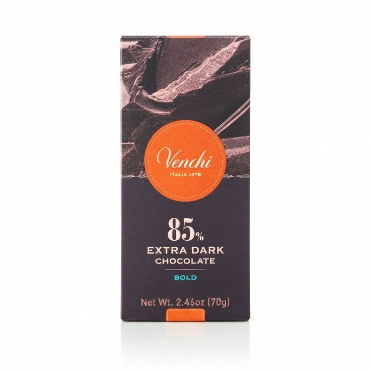 Venchi 85% mørk chokolade 70g med orange cirkellogo og BOLD-tekst