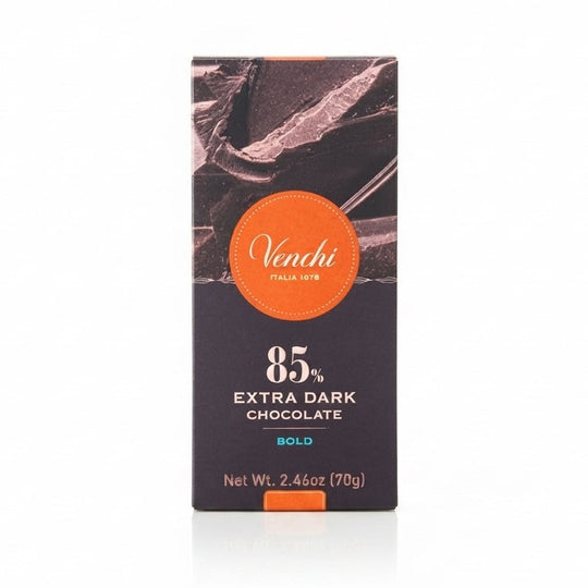 Venchi 85% mørk chokolade 70g med orange cirkellogo og BOLD-tekst