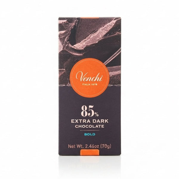 Venchi 85% mørk chokolade 70g med orange cirkellogo og BOLD-tekst