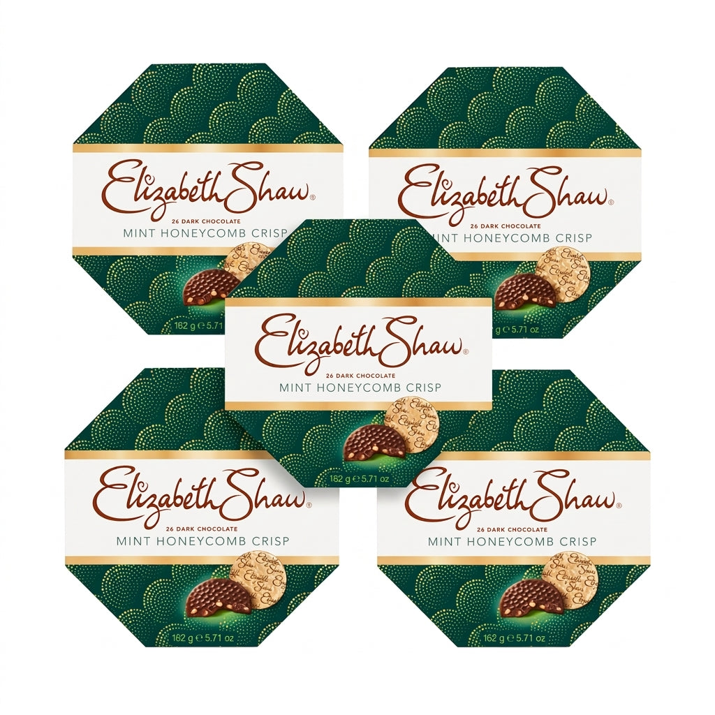Stabel med fem Elizabeth Shaw Mint Honeycomb Crisp chokoladebokse på 162g