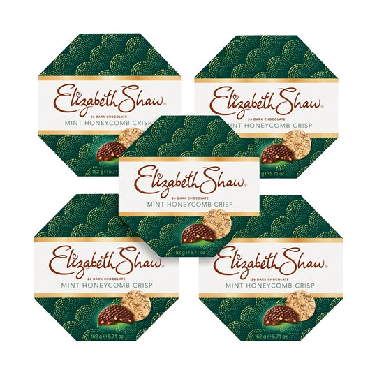 Stabel med fem Elizabeth Shaw Mint Honeycomb Crisp chokoladebokse på 162g