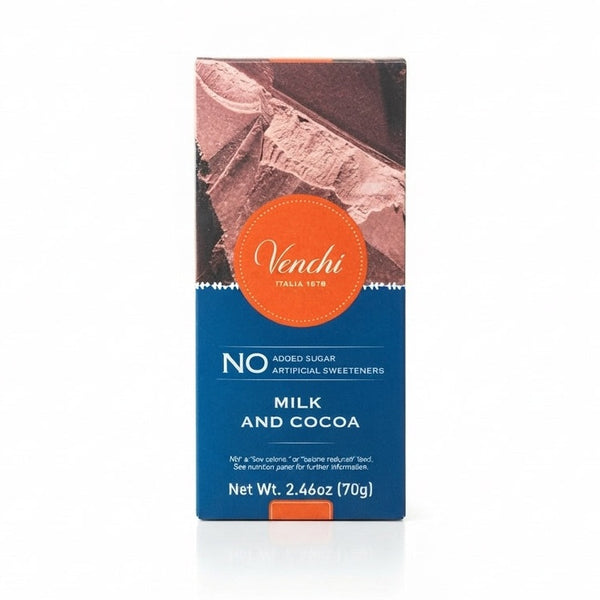 Venchi chokoladeemballage 70g, mærket No Added Sugar og Artificial Sweeteners