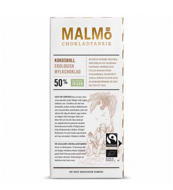Malmö Chokladfabrik Kokosboll 50% økologisk milkchokolade bagside med Fairtrade og vegan-mærke
