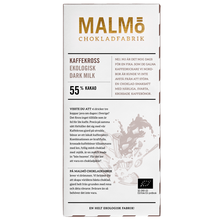 Malmö Chokladfabrik Kaffekross 55% EKO chokoladebagpakning med kaffe og mørk mælkechokolade