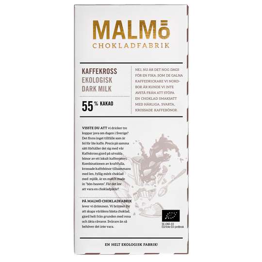 Malmö Chokladfabrik Kaffekross 55% EKO chokoladebagpakning med kaffe og mørk mælkechokolade