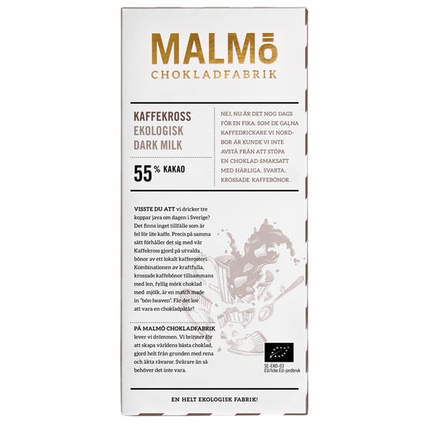 Malmö Chokladfabrik Kaffekross 55% EKO chokoladebagpakning med kaffe og mørk mælkechokolade